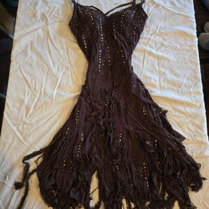 y2k Vintage Sue Wong Brown Asymmetrical Sequin Dress